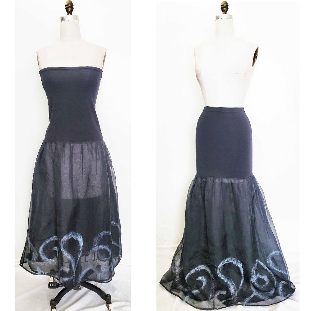 Vintage BLUE FISH Women's Black Jersey and Semi Sheer Organza Maxi Skirt Dress 1